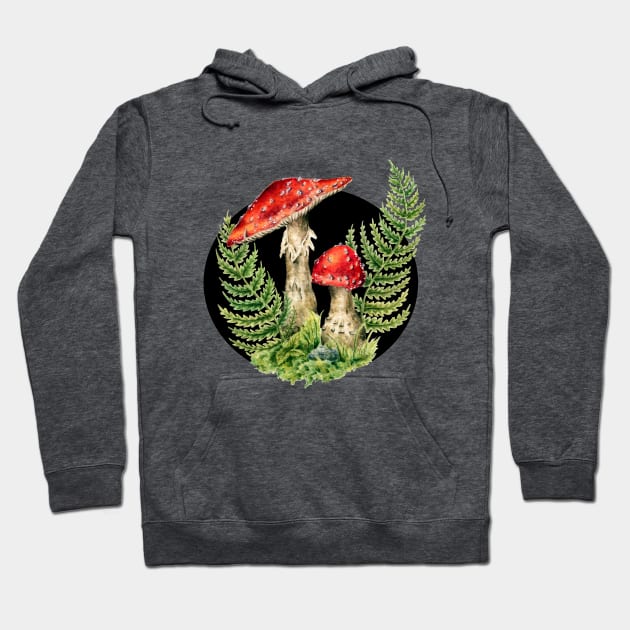 Cottagecore Fairy Mushrooms, Toadstool and Ferns, Fungus Mycology Art, Amanita Muscaria Hoodie by kaleighdayart